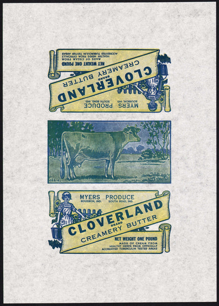 Vintage wrapper CLOVERLAND CREAMERY BUTTER cow milkmaid Myers Bourbon Indiana
