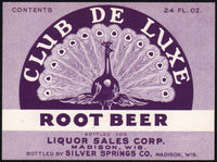 Vintage soda pop bottle label CLUB DE LUXE ROOT BEER Madison Wisconsin n-mint+