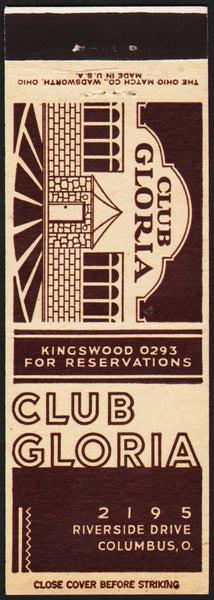 Vintage matchbook cover CLUB GLORIA picturing the restaurant bar Columbus Ohio