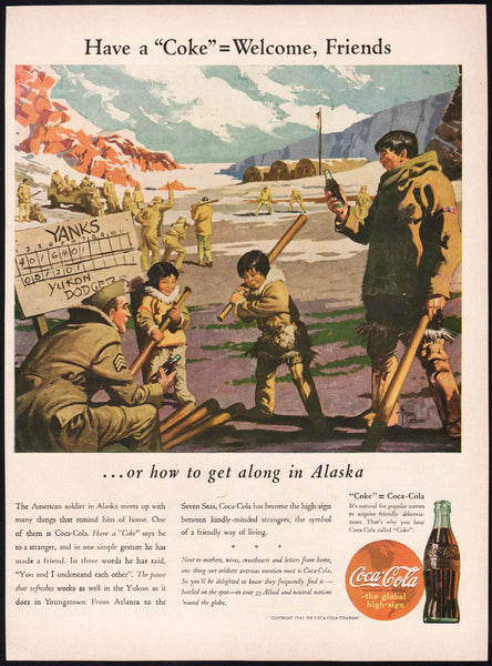 Vintage magazine ad COCA COLA 1943 American soldier and children baseball Alaska