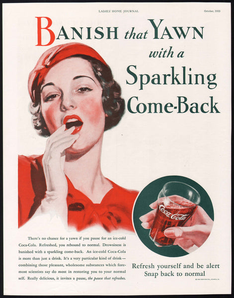 Vintage magazine ad COCA COLA 1933 Banish that Yawn picturing woman and glass
