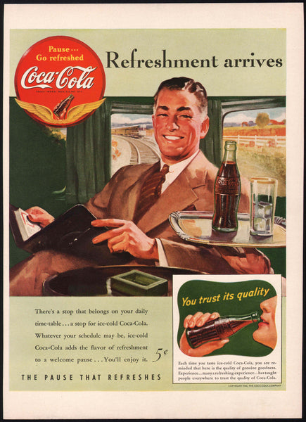 Vintage magazine ad COCA COLA 1941 logo with gold wings and man on train pictured