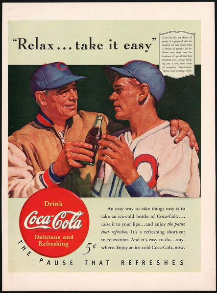 Vintage magazine ad COCA COLA 1940 Relax Take It Easy baseball player and coach