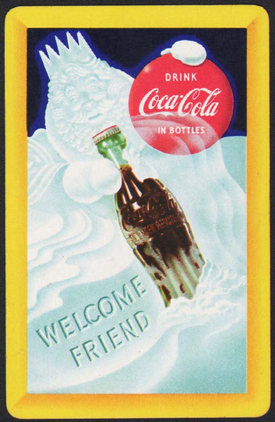 Vintage playing card COCA COLA 1958 snowman with bottle Welcome Friend slogan