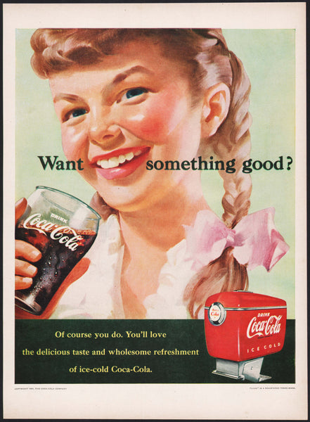 Vintage magazine ad COCA COLA 1951 Want Something Good girl and dispenser pictured