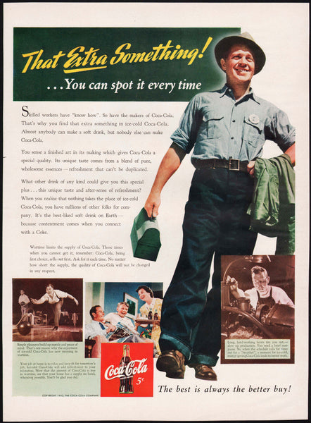 Vintage magazine ad COCA COLA from 1942 factory worker pictured That Extra Something