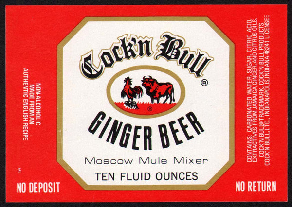 Vintage soda pop bottle label COCK N BULL GINGER BEER Indianapolis Indiana n-mint+