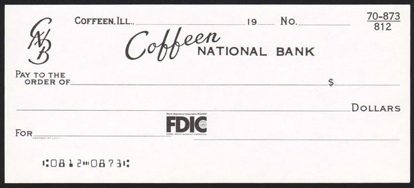Vintage bank check COFFEEN NATIONAL BANK Illinois unused new old stock n-mint+
