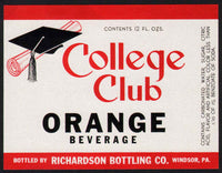 Vintage soda pop bottle label COLLEGE CLUB ORANGE Richardson Windsor PA n-mint+