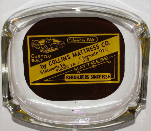 Vintage glass ashtray COLLINS MATTRESS CO Charlotte North Carolina unused n-mint+