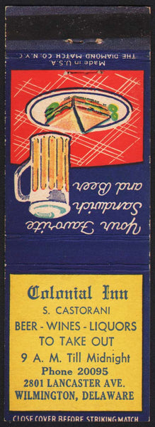 Vintage matchbook cover COLONIAL INN Castorani Beer Wines Wilmington Delaware