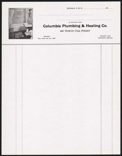Vintage letterhead COLUMBIA PLUMBING and HEATING bathroom pictured Buffalo NY n-mint+