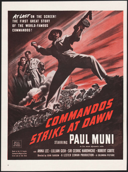 Vintage magazine ad COMMANDOS STRIKE AT DAWN movie from 1942 starring Paul Muni