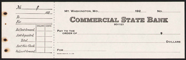 Vintage bank check COMMERCIAL STATE BANK Mt Washington Missouri 1920s n-mint