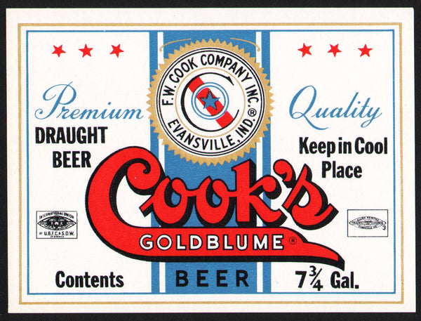 Vintage label COOKS GOLDBLUME BEER Evansville Indiana new old stock n-mint+