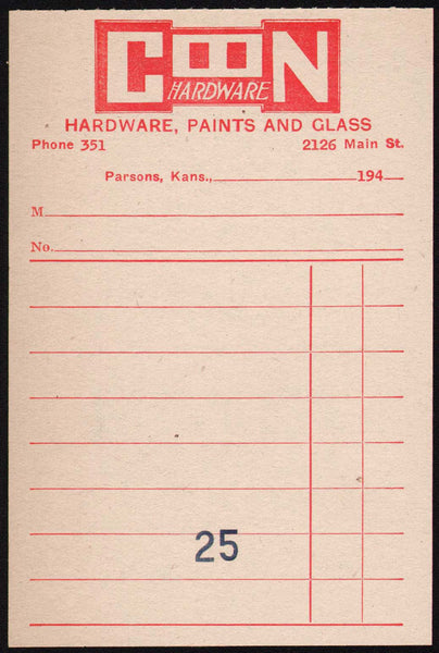 Vintage receipt COON HARDWARE Hardware Paints Glass Parsons Kansas 1940s n-mint