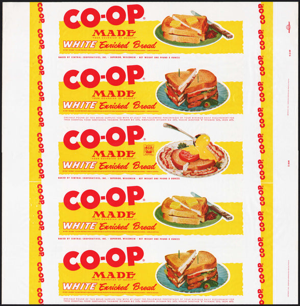 Vintage bread wrapper CO OP MADE 1959 with pictures Superior Wisconsin unused