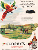 Vintage magazine ad CORBYS BLENDED WHISKEY 1952 picturing the parrot in flight
