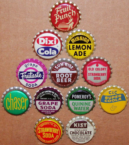 Vintage soda pop bottle caps 12 ALL DIFFERENT cork lined mix #22 new old stock