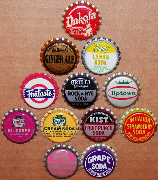 Vintage soda pop bottle caps 12 ALL DIFFERENT cork lined mix #23 new old stock