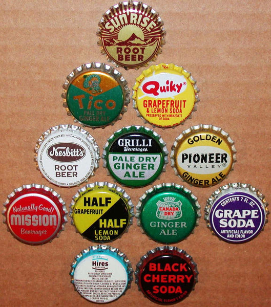Vintage soda pop bottle caps 12 ALL DIFFERENT cork lined mix #24 new old stock