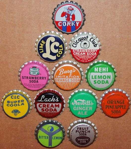 Vintage soda pop bottle caps 12 ALL DIFFERENT cork lined mix #26 new old stock