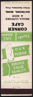 Vintage matchbook cover CORNER CAFE hand pictured Our Pledge Raymond Minnesota