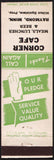 Vintage matchbook cover CORNER CAFE hand pictured Our Pledge Raymond Minnesota