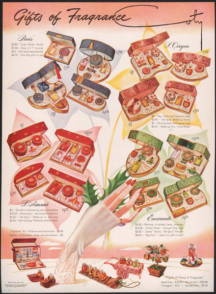 Vintage magazine ad COTY from 1942 picturing hand holding fragrance gift sets