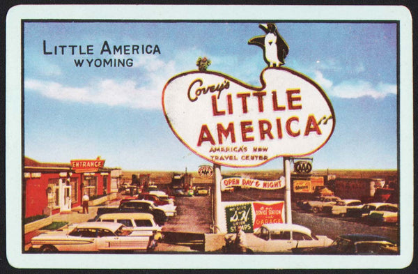 Vintage playing card COVEYS LITTLE AMERICA with Travel Center pictured Wyoming