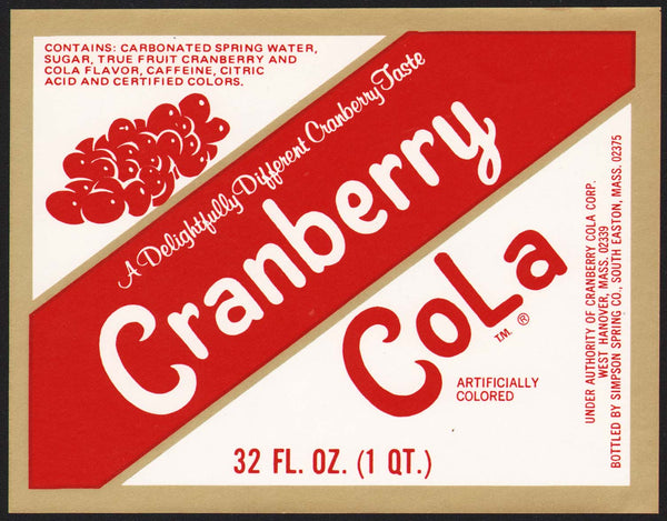 Vintage soda pop bottle label CRANBERRY COLA Simpson Spring South Easton Mass