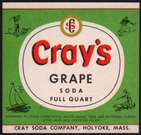Vintage soda pop bottle label CRAYS GRAPE SODA sports pictures Holyoke MA n-mint