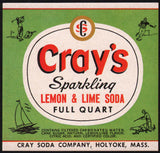 Vintage soda pop bottle label CRAYS LEMON and LIME sports pics Holyoke MA n-mint+