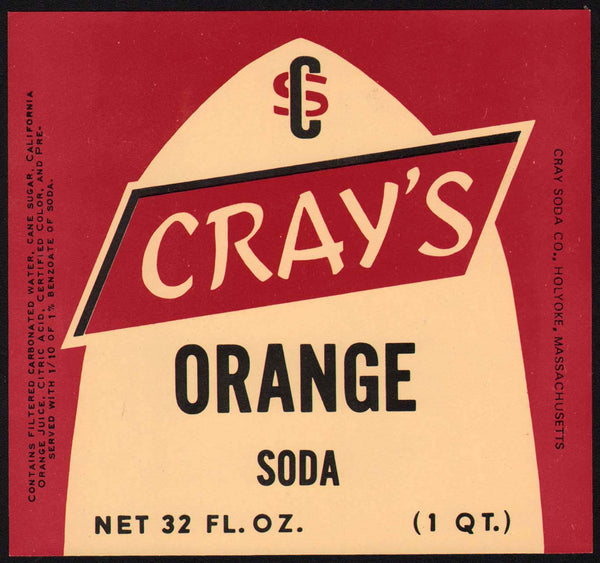 Vintage soda pop bottle label CRAYS ORANGE SODA Holyoke Mass unused n-mint+ condition