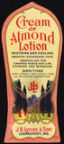 Vintage label CREAM OF ALMOND LOTION J B Lynas Logansport Indiana unused n-mint+