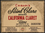 Vintage label CRIBARIS California Claret Wine Tax Paid by Stamp Madrone Calif