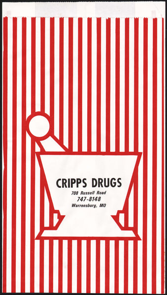 Vintage bag CRIPPS DRUGS mortar and pestle Warrensburg Missouri unused n-mint