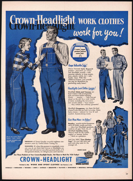 Vintage magazine ad CROWN HEADLIGHT WORK CLOTHES 1951 Crown overalls pictured