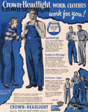 Vintage magazine ad CROWN HEADLIGHT WORK CLOTHES 1951 Crown overalls pictured