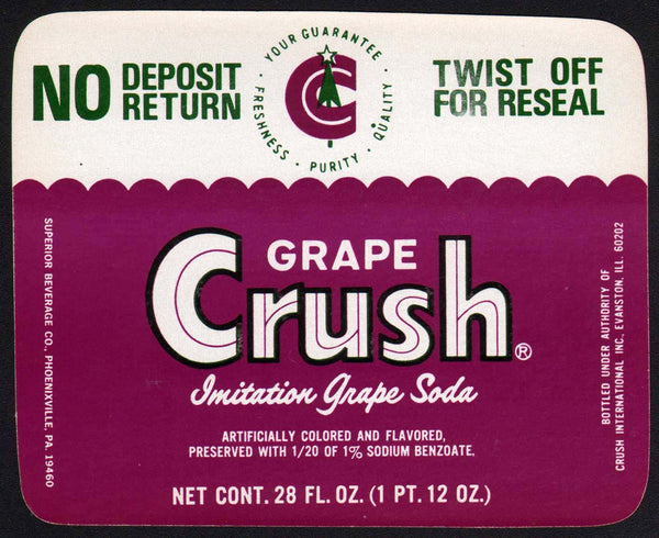 Vintage soda pop bottle label CRUSH GRAPE 28oz NDNR Phoenixville PA n-mint+