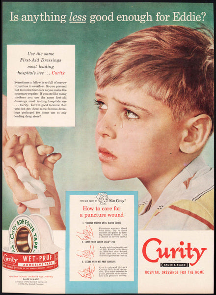 Vintage magazine ad CURITY ADHESIVE TAPE 1952 first aid dressing crying boy pictured
