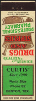 Vintage matchbook cover CURTIS Drugs Pharmacy mortal and pestle pictured Denton Texas