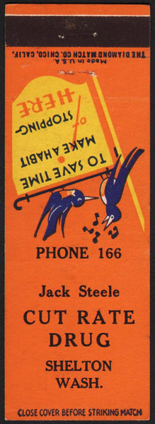 Vintage matchbook cover CUT RATE DRUG Jack Steele birds pictured Shelton Washington