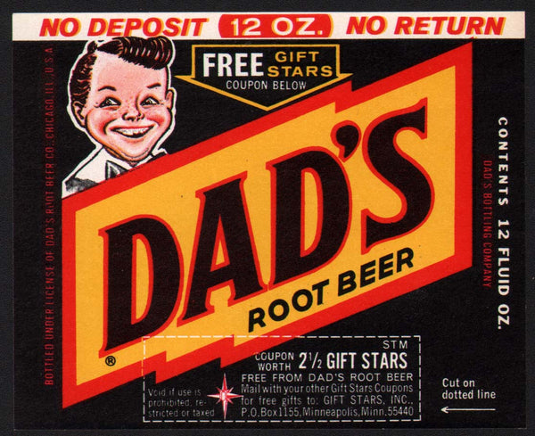 Vintage soda pop bottle label DADS ROOT BEER Junior pictured new old stock n-mint+