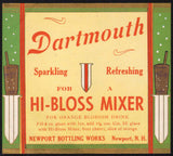 Vintage soda pop bottle label DARTMOUTH HI BLOSS MIXER Newport NH new old stock