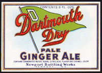 Vintage soda pop bottle label DARTMOUTH DRY PALE GINGER ALE Newport NH n-mint+