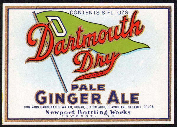 Vintage soda pop bottle label DARTMOUTH DRY PALE GINGER ALE Newport NH n-mint+