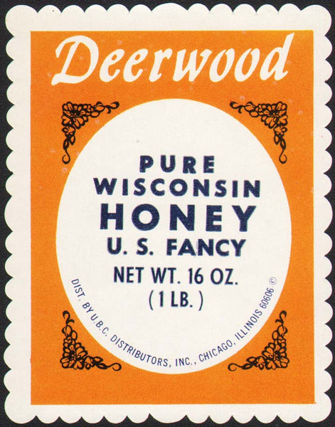 Vintage label DEERWOOD WISCONSIN HONEY Chicago 16oz unused new old stock n-mint+