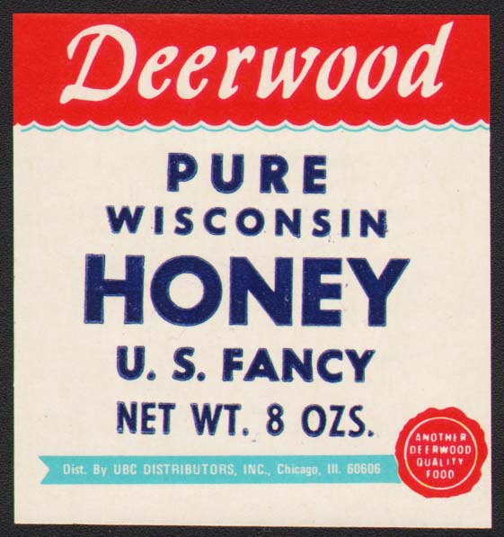 Vintage label DEERWOOD WISCONSIN HONEY Chicago 8oz unused new old stock n-mint+