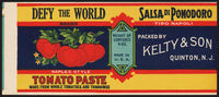 Vintage label DEFY THE WORLD Tomato Paste Kelty and Son Quinton New Jersey n-mint